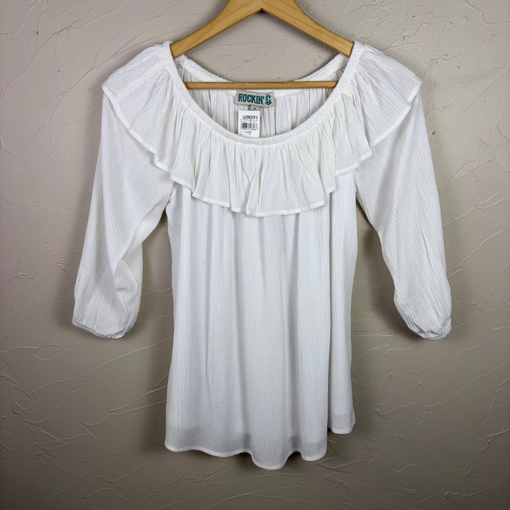 NWT Rockin' C Western Ruffle Top Medium Peasant Boho Cowgirl Rodeo Country